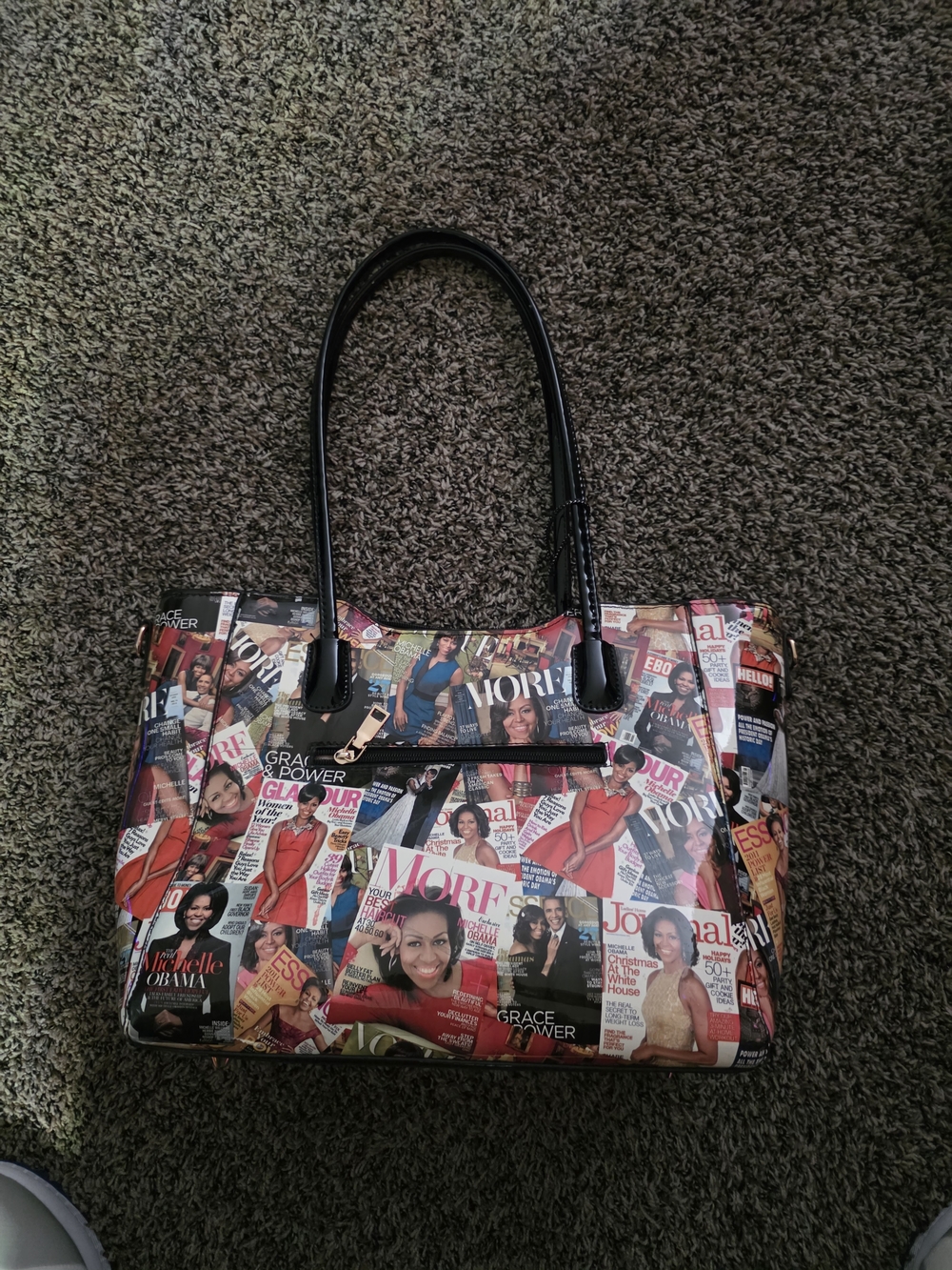 Magazine Collage Print Tote Bag with Black Handles